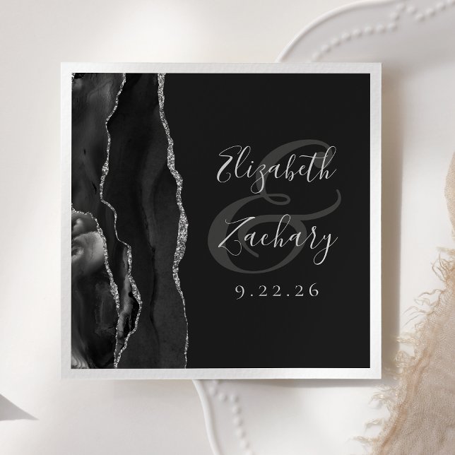 Guardanapo De Papel Casamento Preto de Prata Preta com Script Geode Ag (Criador carregado)