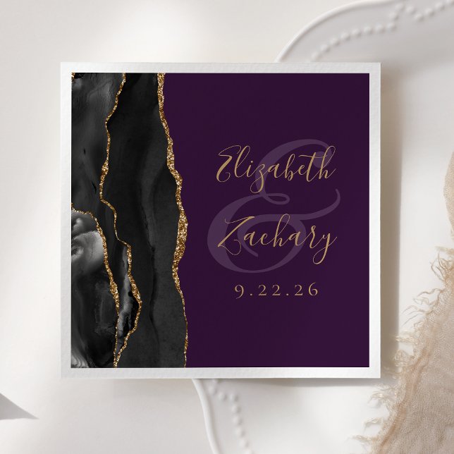 Guardanapo De Papel Casamento Preto Dourado Profundo Roxo Agate Script (Criador carregado)
