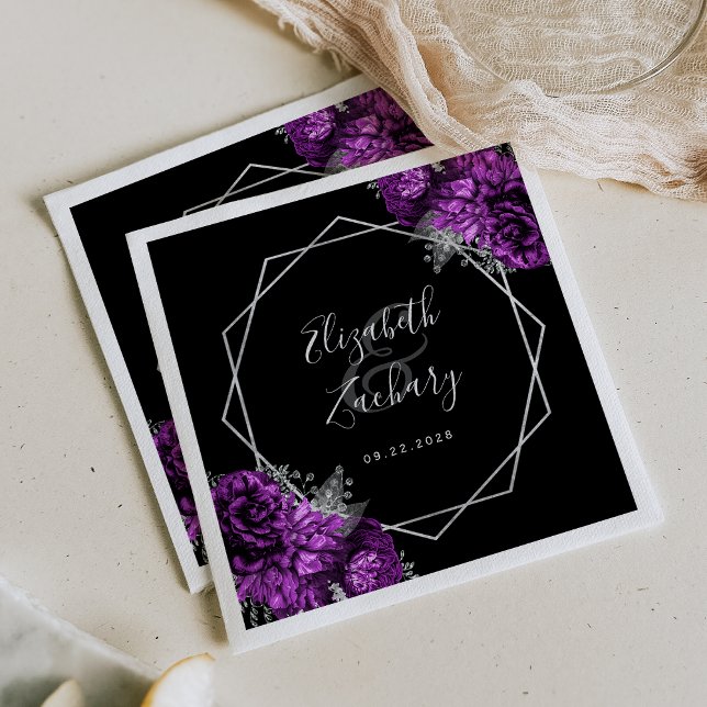 Guardanapo De Papel Casamento Preto Geométrico Prateado Floral Roxo (Criador carregado)
