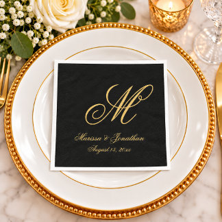 Guardanapo De Papel Casamento Preto Grafia Monograma Ouro Chic