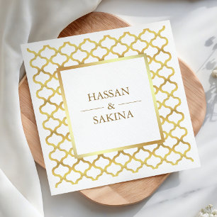 Guardanapo De Papel Casamento Quatrofoliado Marroquino Branco e Dourad