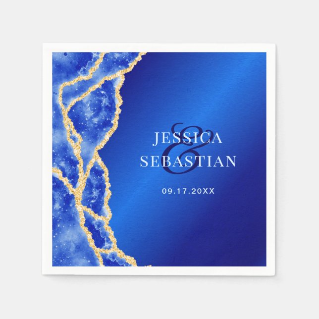 Guardanapo De Papel Casamento Real Azul e Agado Dourado Elegante (Frente)