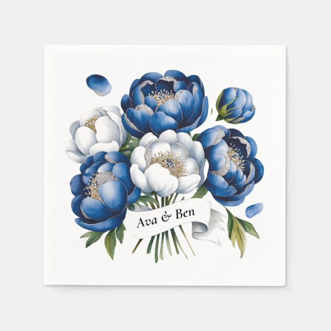 Guardanapo De Papel Casamento Real Azul e Silver Glittery Peony (Frente)