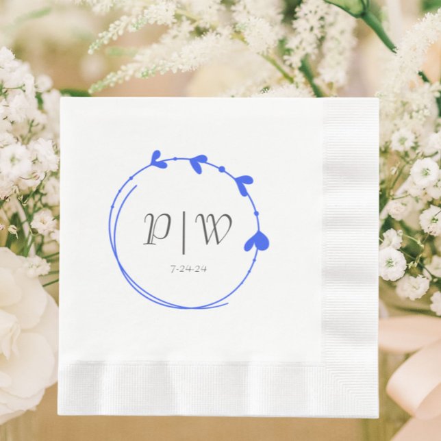 Guardanapo De Papel Casamento Real Blue Simple Heart Wreath Monogramas (In Situ Wedding)