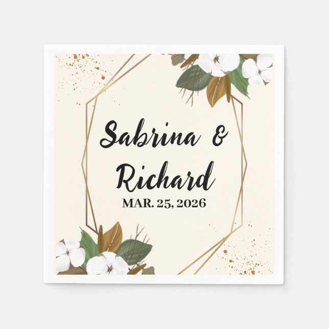 Guardanapo De Papel Casamento Romântico Castanho E Creme Floral (Frente)