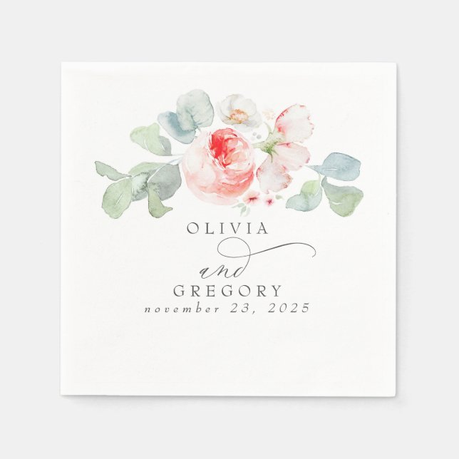 Guardanapo De Papel Casamento Romântico Elegante de Flores Rosa (Frente)