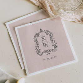 Guardanapo De Papel Casamento Rosa Bege com Crista Monograma Vintage E