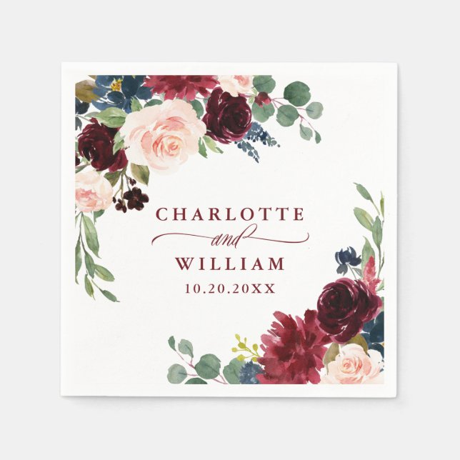 Guardanapo De Papel Casamento Russo Floral Marinho Azul Blush Azul (Frente)