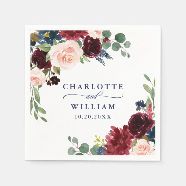 Guardanapo De Papel Casamento Russo Floral Marinho Azul Blush Azul (Frente)