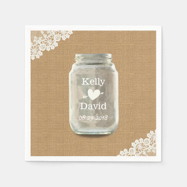 Guardanapo De Papel Casamento Russo Mason Jar Burlap & Lace (Frente)