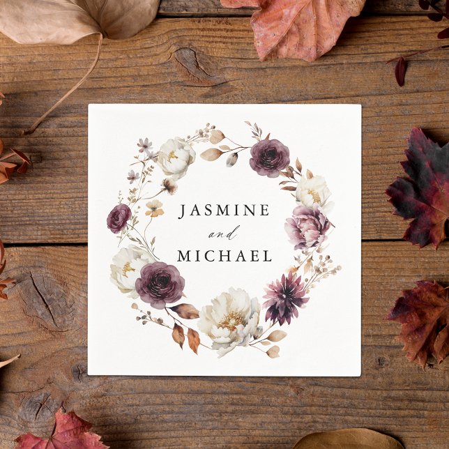 Guardanapo De Papel Casamento Rustic Autumn Marsala Floral Wreath (Criador carregado)