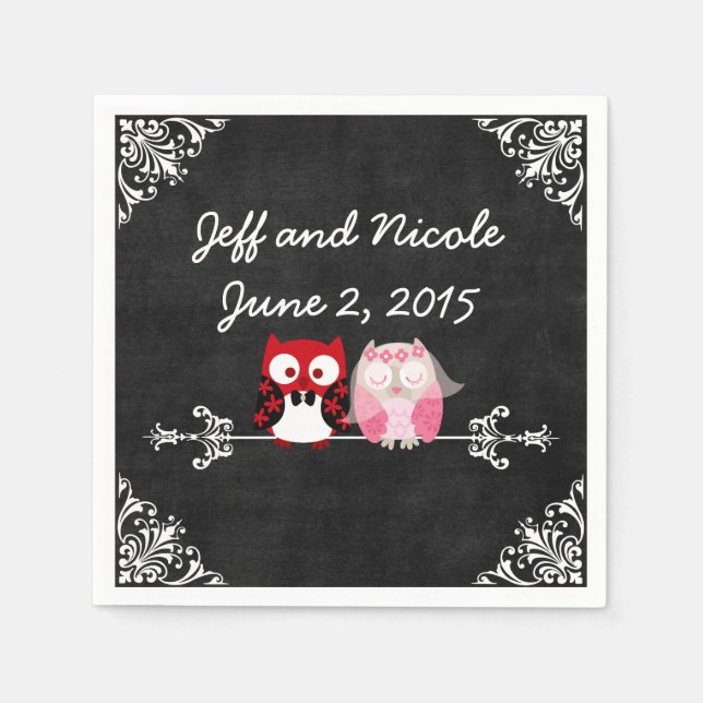 Guardanapo De Papel Casamento Rustic Black Chalkboard Owl Node Groom (Frente)