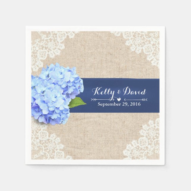 Guardanapo De Papel Casamento Rustic Blue Hydrangea Lace & Burlap (Frente)