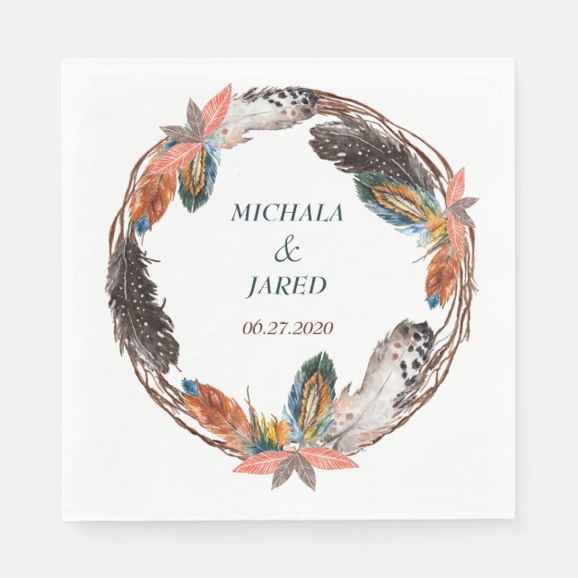 Guardanapo De Papel Casamento Rustic Boho Feather (Frente)