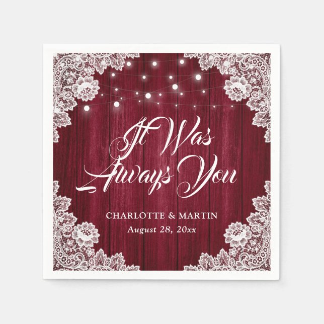 Guardanapo De Papel Casamento Rustic Burgundy Red Wood Napkins (Frente)