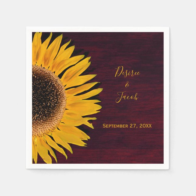 Guardanapo De Papel Casamento Rustic Burgundy Wood Amarelo Sunflower (Frente)