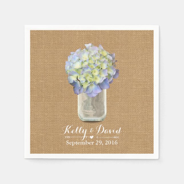 Guardanapo De Papel Casamento Rustic Burlap Blue Hydrangea Mason Jar (Frente)