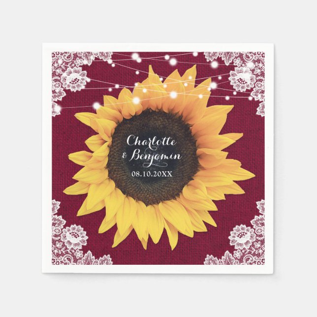 Guardanapo De Papel Casamento Rustic Burlap Lace Burgundy Sunflower (Frente)
