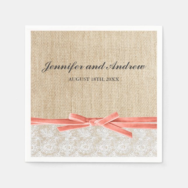 Guardanapo De Papel Casamento Rustic Burlap Lace Coral Ribbon (Frente)