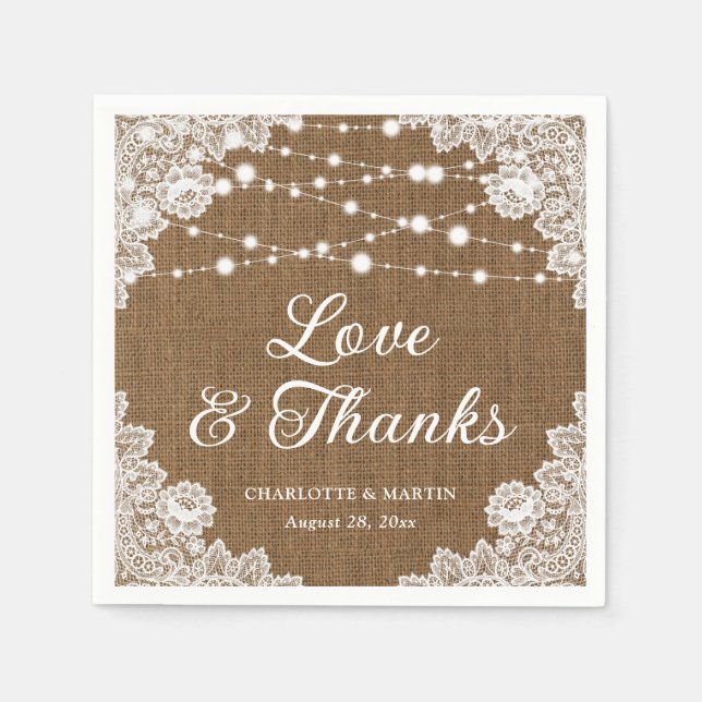 Guardanapo De Papel Casamento Rustic Burlap Lace Love e Obrigados (Frente)