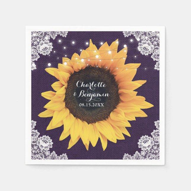 Guardanapo De Papel Casamento Rustic Burlap Lace Purple e Sunflower (Frente)