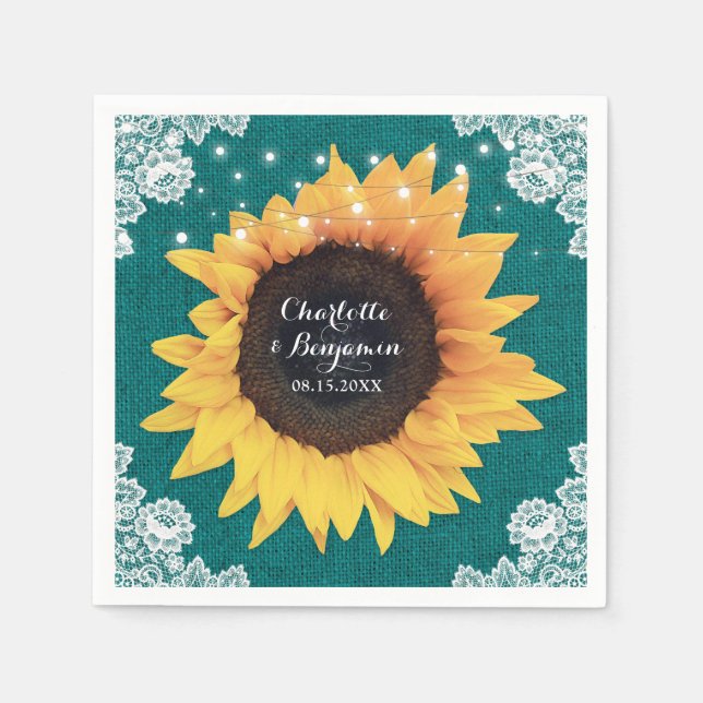 Guardanapo De Papel Casamento Rustic Burlap Lace Teal Sunflower (Frente)