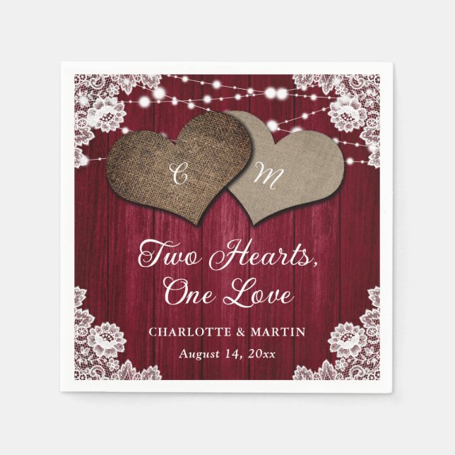 Guardanapo De Papel Casamento Rustic Country Burgundy Wood Burlap Lace (Frente)