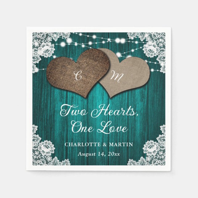 Guardanapo De Papel Casamento Rustic Country Teal Wood Burlap Lace (Frente)