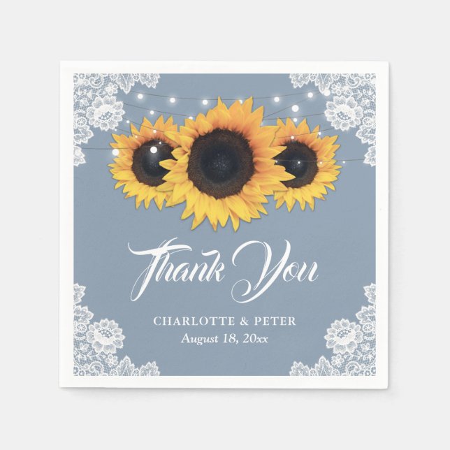 Guardanapo De Papel Casamento Rustic Dusty Blue Lace Sunflower (Frente)