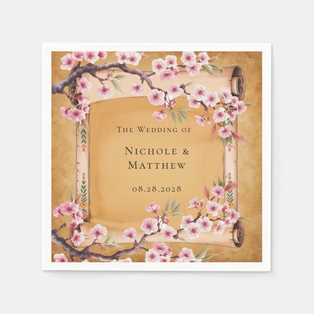 Guardanapo De Papel Casamento Rustic Floral Scroll Cherry Blossom (Frente)