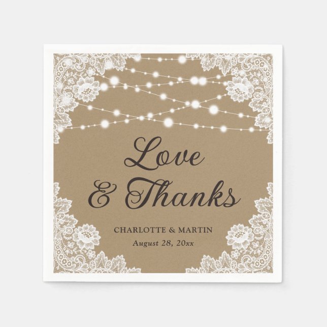 Guardanapo De Papel Casamento Rustic Kraft Paper Lace Love and Obrigad (Frente)