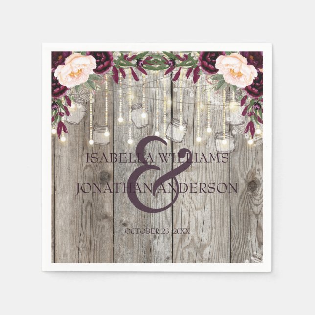Guardanapo De Papel Casamento Rustic Lace Jar Wood & String Lights (Frente)