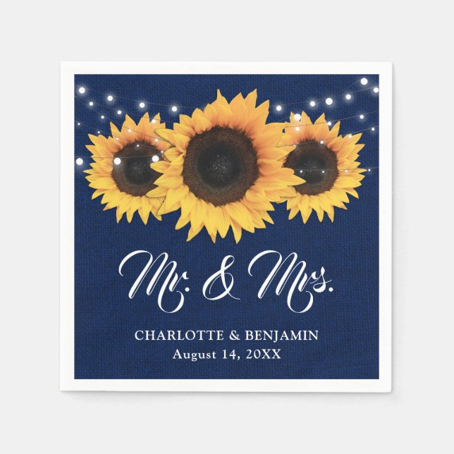 Guardanapo De Papel Casamento Rustic Marinho Blue Burlap Sunflower (Frente)