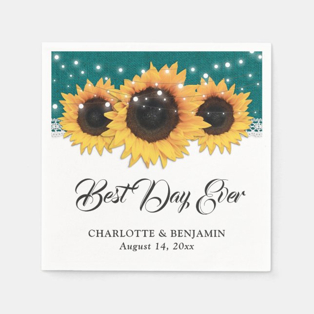 Guardanapo De Papel Casamento Rustic Teal Burlap Lace Sunflower (Frente)