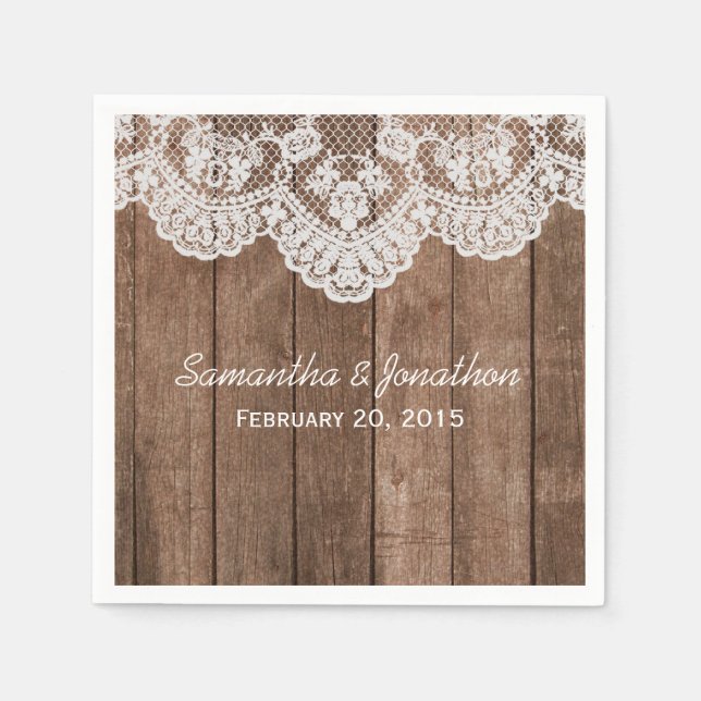 Guardanapo De Papel Casamento Rustic White Lace e Wood (Frente)