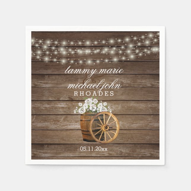 Guardanapo De Papel Casamento Rustic Wood Barrel com Flores Brancas 2 (Frente)