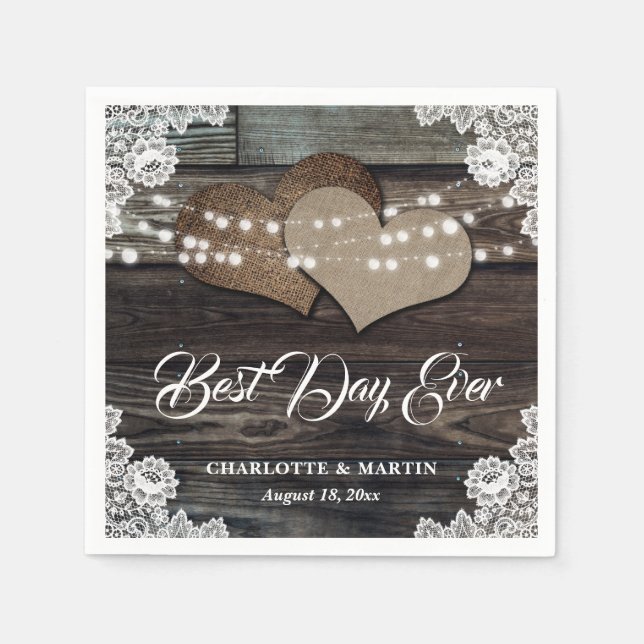 Guardanapo De Papel Casamento Rustic Wood Lace 2 Burlap Hearts (Frente)