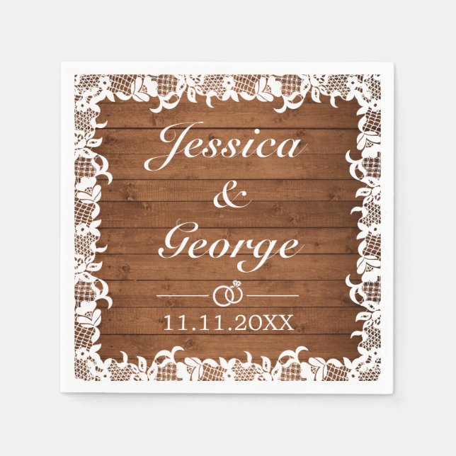 Guardanapo De Papel Casamento Rustic Wood & White Lace (Frente)