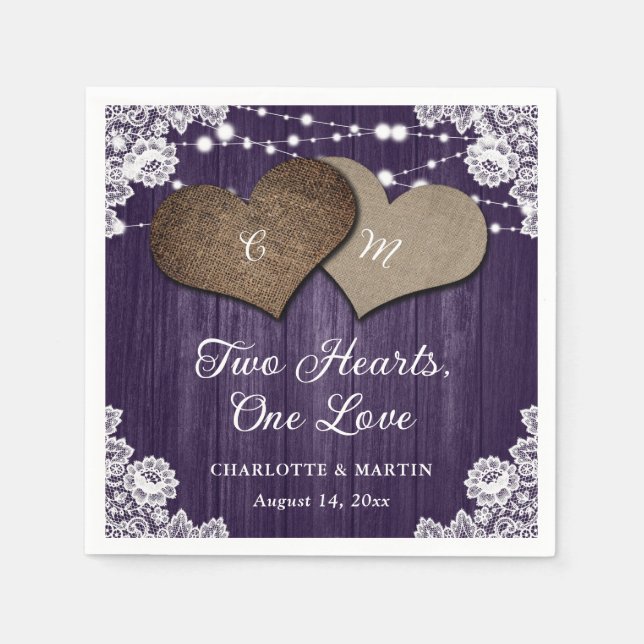 Guardanapo De Papel Casamento Rústico de Casca Roxa de Madeira Burlap (Frente)