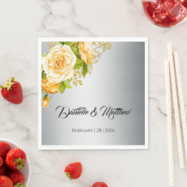 Guardanapo De Papel Casamento Shimmering Silver e Rosas Amarelas