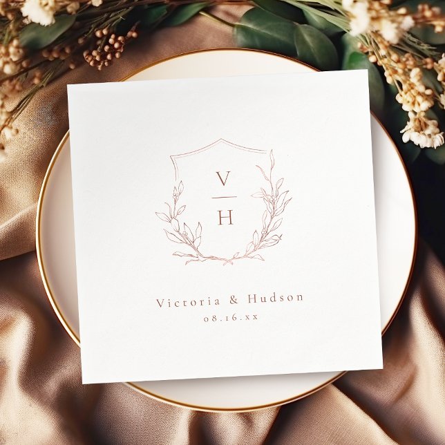 Guardanapo De Papel casamento simples da crista botânica monograma de  (Rose gold simple botanical crest monogram wedding napkins)