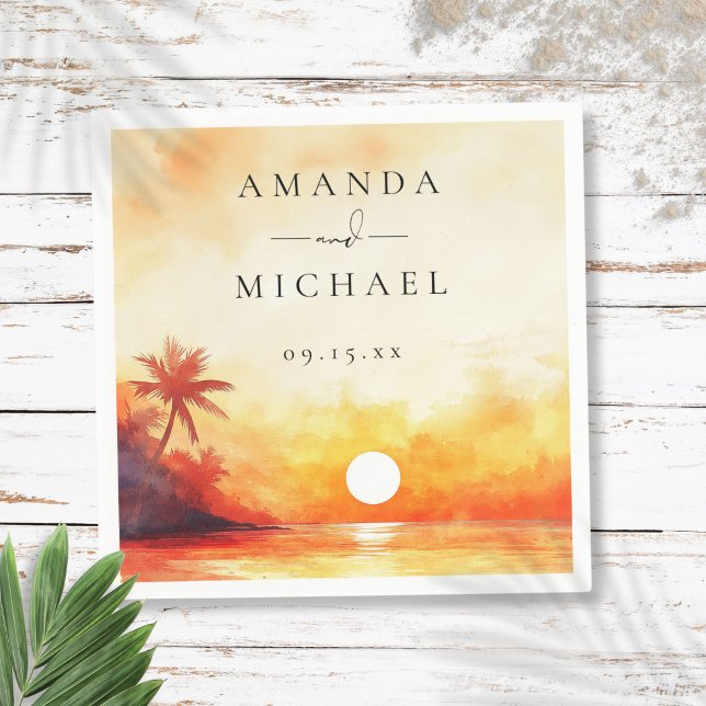 Guardanapo De Papel Casamento Solar de Praia Tropical de Aquarela Mode (Modern Watercolor Tropical Beach Sunset Wedding Napkins)