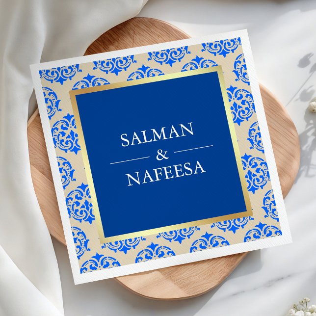Guardanapo De Papel Casamento tema damasco Azul Folha Ouro Faux (Criador carregado)