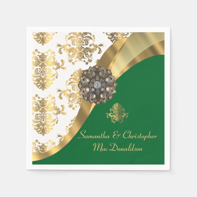 Guardanapo De Papel Casamento tema damasco tradicional branco, verde e (Frente)