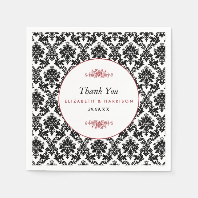 Guardanapo De Papel Casamento tema damasco vermelho, preto e branco (Frente)
