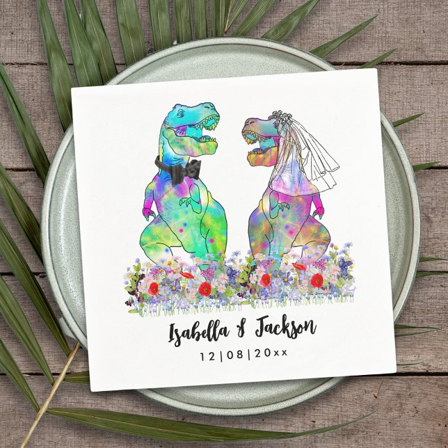 Guardanapo De Papel Casamento Temático de Dinossauros (Dinosaur wedding funny T-Rex bride and groom colorful floral personalized napkin)