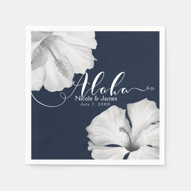 Guardanapo De Papel Casamento Tropical Azul de Hibiscus Branco Aloha (Frente)