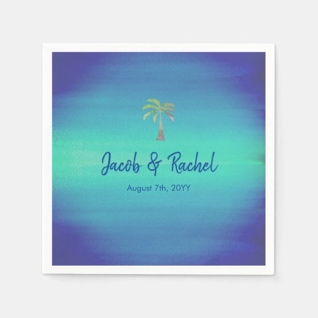 Guardanapo De Papel Casamento Tropical Palm Muted Blue Beach Ocean (Frente)