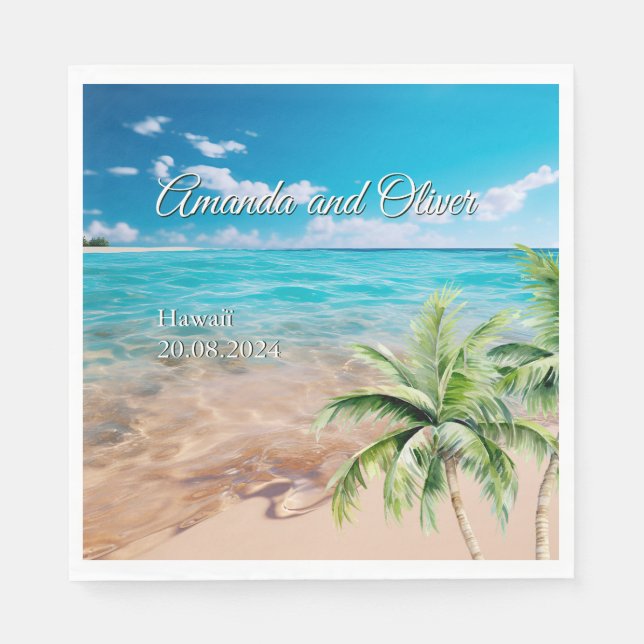 Guardanapo De Papel Casamento Tropical Palm Tree Beach de Turquoise (Frente)
