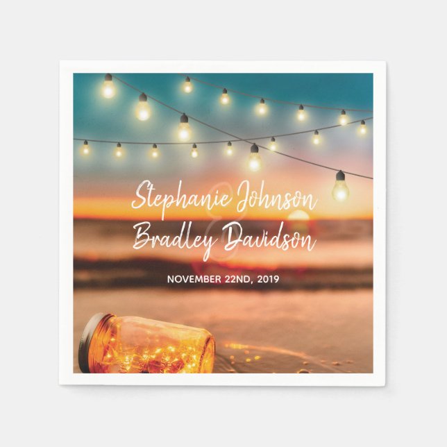 Guardanapo De Papel Casamento Tropical Sunset Beach Mason Jar Lights (Frente)